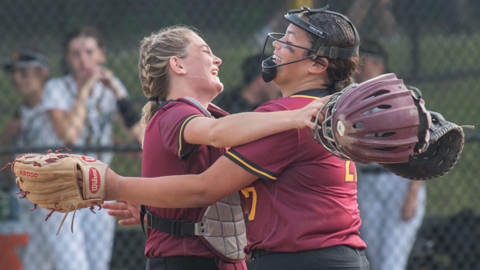 Haddon Heights’ pitcher Sophia Bordi, right, celebrates with Haddon Heights’ catcher Haley Hawkins after Haddon Heights defeated Bordentown, 3-0, in the state Group 2 semifinal softball game played at Bordentown High School on Wednesday, June 1, 2022.  