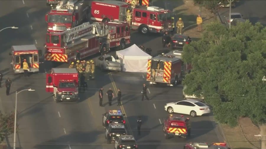 A three-car collision killed a 12-year-old girl and left nine other people hospitalized in South Los Angeles on July 5, 2024. (KTLA)