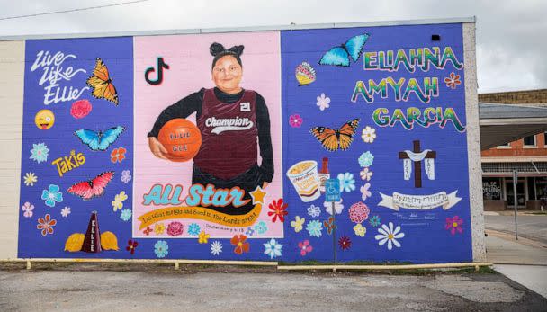 PHOTO: A mural in honor of Eliahna Amyah Garcia fills the wall of a building in downtown Uvalde, Texas, Aug. 21, 2022. (Kat Caulderwood/ABC News)