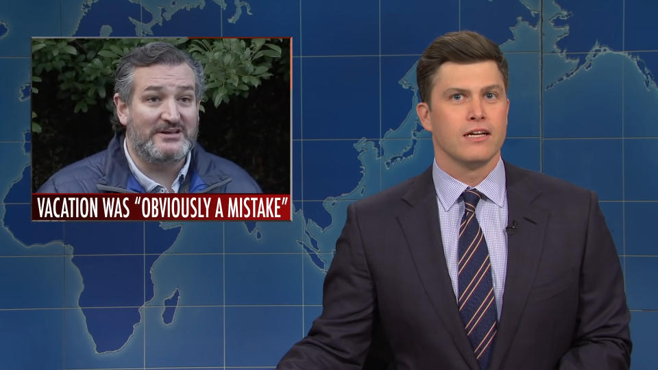 Colin Jost on "Saturday Night Live" with a photo of Ted Cruz with the caption "Vacation was 'obviously a mistake'"