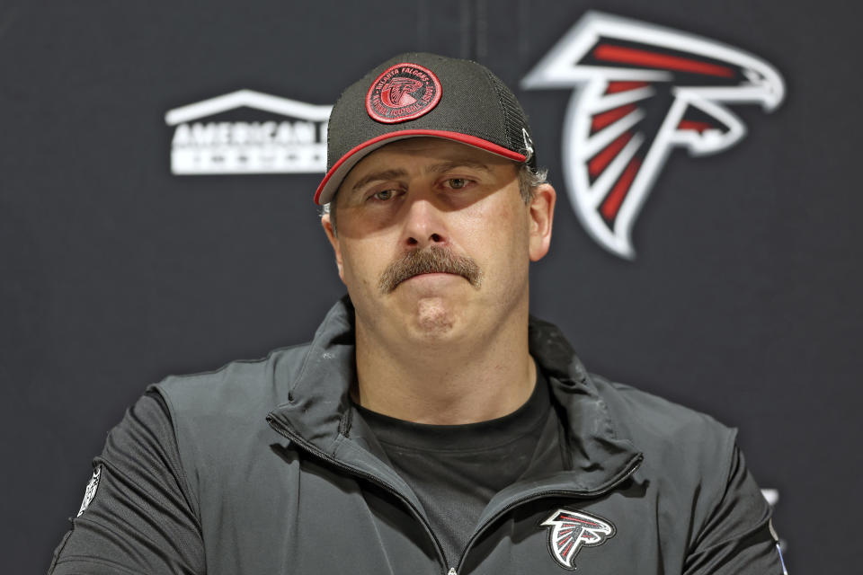 Atlanta Falcons head coach Arthur Smith speaks to the media after an NFL football game against the Tampa Bay Buccaneers Sunday, Oct. 22, 2023, in Tampa, Fla. (AP Photo/Mark LoMoglio)