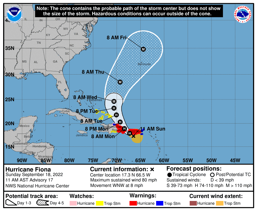 A graphic from the National Hurricane Center shows the position and forecast track of Hurricane Fiona on Sunday.