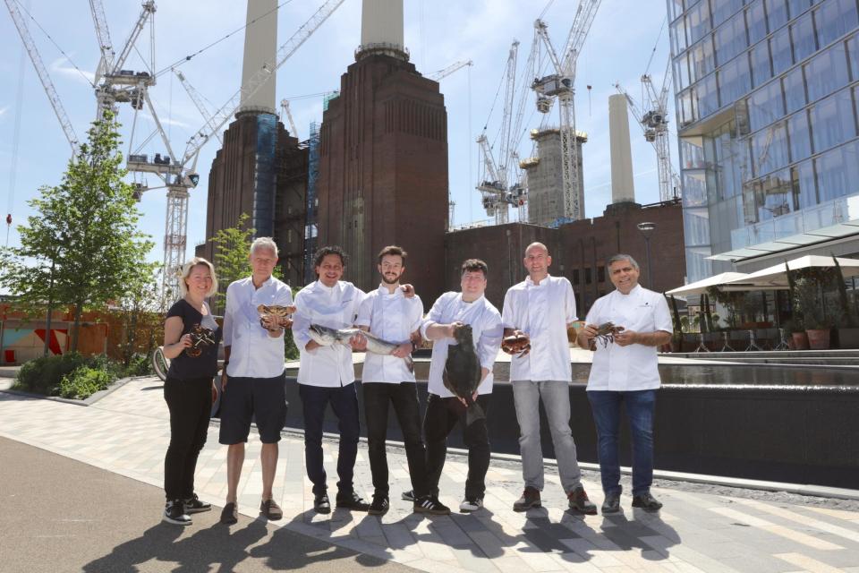 The London Seafood Festival chefs include, from left, Emma Reynolds, Robin Hancock, Francesco Mazzei (Fiume), Ed Trump (Vagabond), Richard Kirkwood, Ronnie Murray (Peckham Manor) and Vivek Singh (Cinnamon Kitchen)