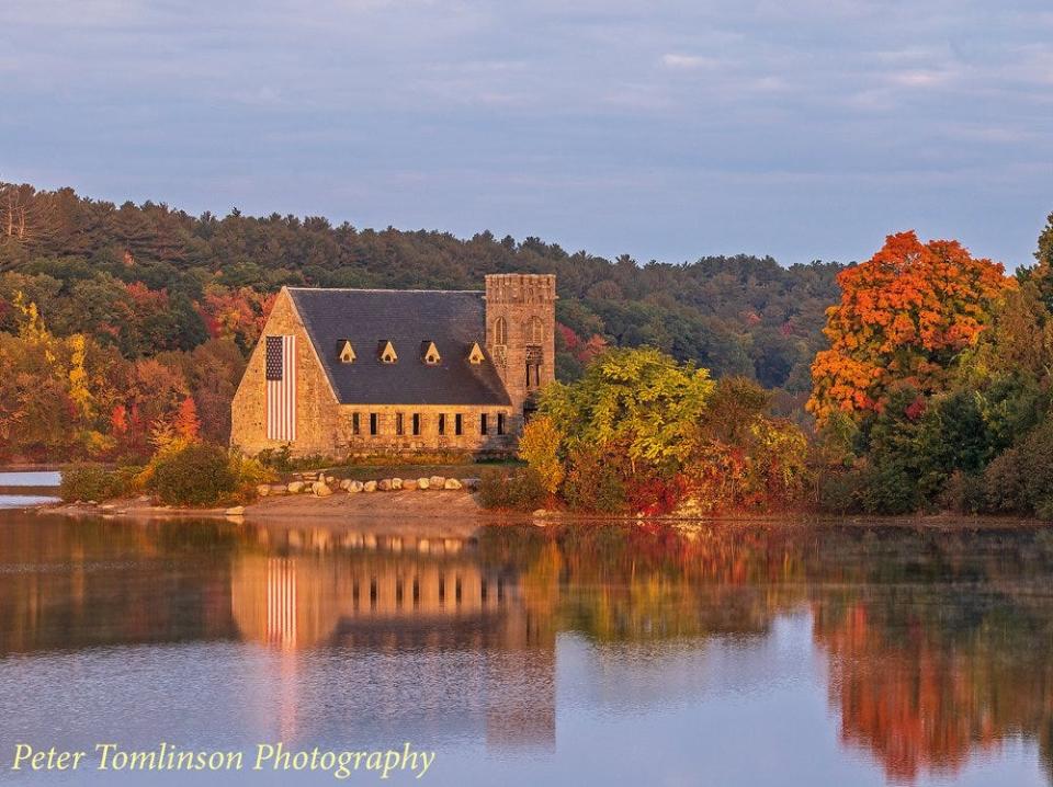 Photo of the Old Stone Church in West Boylston in the fall — the latest in Tomlinson's photography series showing the location over the course of four seasons.