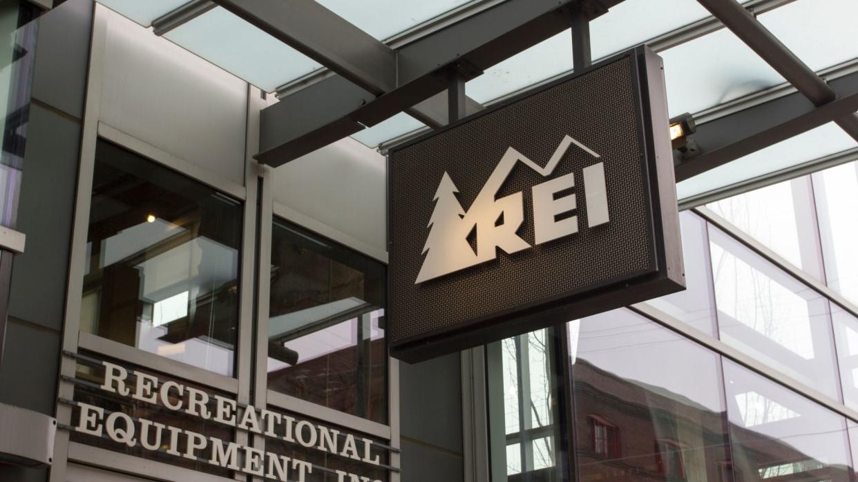 Portland, Oregon - Feb 8, 2019: The REI sign at the entrance of its store in Portland. Recreational Equipment, Inc. is an American retail and outdoor recreation services corporation.