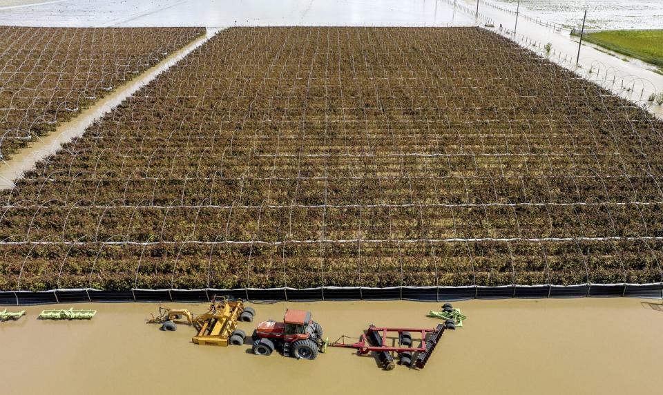 Floodwaters surround farm machinery.