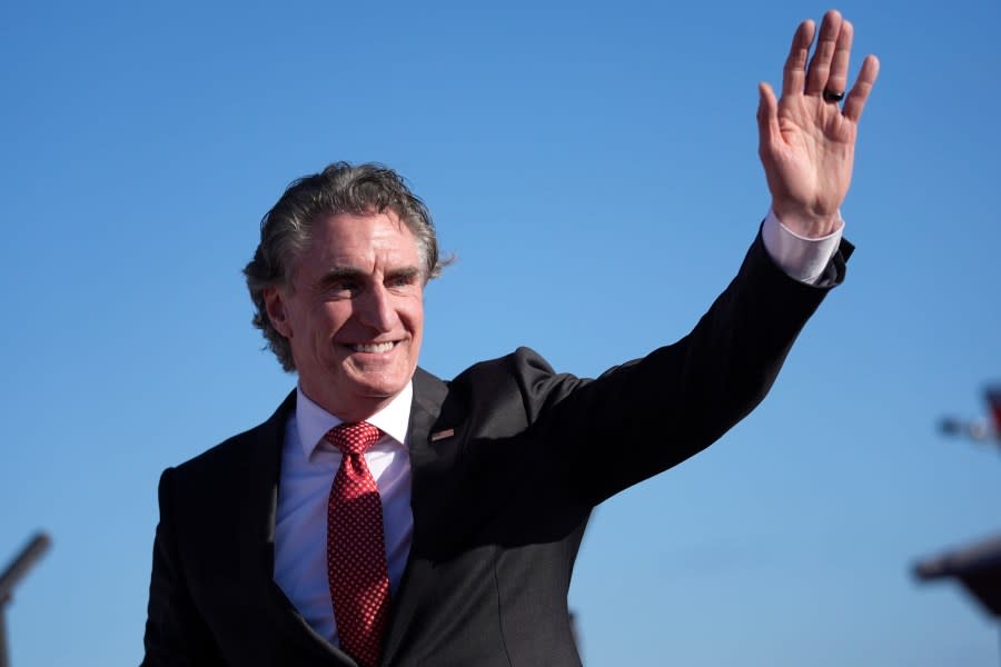 FILE – North Dakota Gov. Doug Burgum waves to the crowd at a rally in Wildwood, N.J., May 11, 2024. Former President Donald Trump has narrowed his vice presidential shortlist to a handful of contenders that include Burgum as he prepares to announce his pick in the days before, or perhaps at, next month’s Republican National Convention. Trump told reporters Saturday, June 22, that he already has made his decision and that that person will be in attendance Thursday night in Atlanta at the first debate of the general election campaign with Democratic President Joe Biden. (AP Photo/Matt Rourke, File)