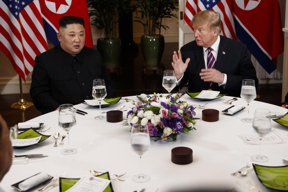 President Donald Trump has dinner with North Korean leader Kim Jong Un, Wednesday, Feb. 27, 2019, in Hanoi. (AP Photo/ Evan Vucci)