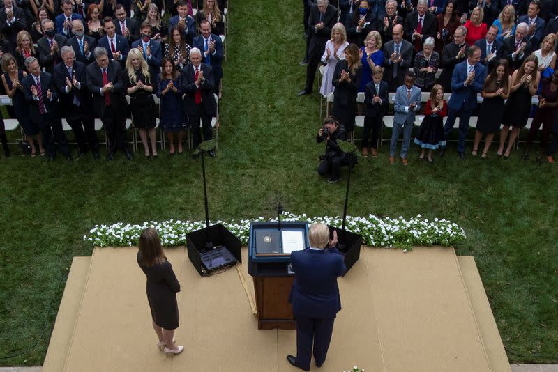 U.S President Donald Trump holds an event to announce his nominee of U.S. Court of Appeals for the Seventh Circuit Judge Amy Coney Barrett to fill the Supreme Court seat