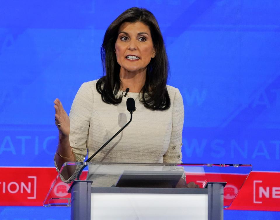 Former South Carolina Gov. Nikki Haley makes a point during the fourth Republican Presidential Primary Debate presented by NewsNation at the Frank Moody Music Building University of Alabama on Dec. 6, 2023 in Tuscaloosa, Ala.