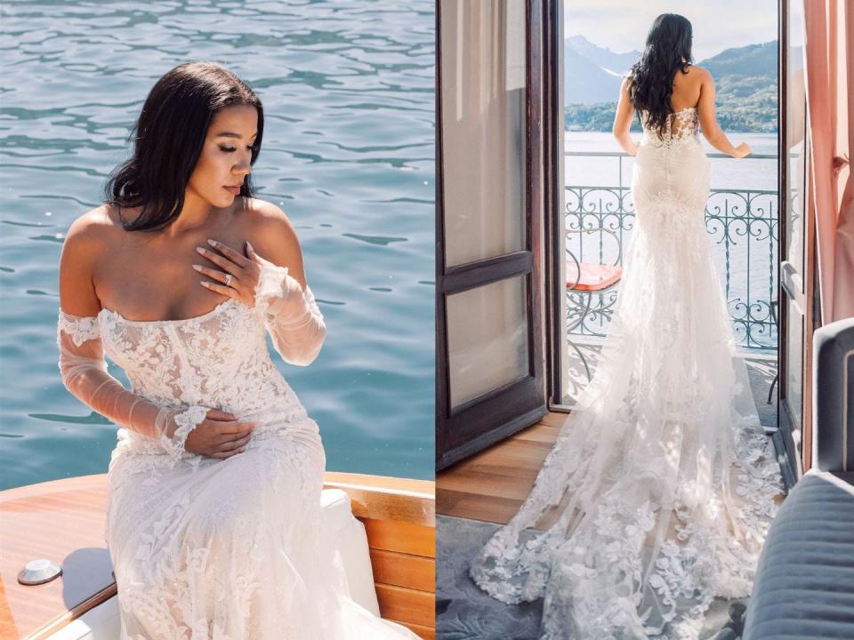 A front and back shot of a bride in a strapless, lacy wedding gown.