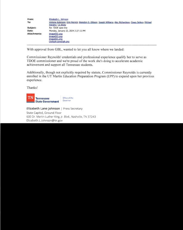 Gov. Bill Lee's office has extensively redacted emails sent in response to inquiries about Education Commissioner Lizzette Reynolds' qualifications, invoking the "deliberative process" privilege. Lee's office has declined to explain how the privilege applies to the records.