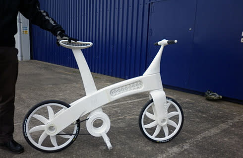 This bike isn't made of aluminum or steel, it's made of nylon and requires zero assembly or maintenance. Airbike is produced by <a href="http://www.eads.com/eads/int/en.html">EADS</a> via Additive Layer Manufacturing (ALM) - not quite 3D printing, but a very similar idea. <a href="http://www.eads.com/eads/int/en/news/press.20110307_eads_airbike.html">Learn more here</a>. 