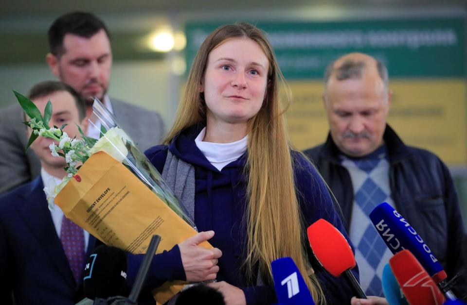 <div class="inline-image__caption"><p>Butina, who was released from a Florida prison and then deported by U.S. immigration officials, speaks with journalists upon arrival at Sheremetyevo International Airport outside Moscow.</p></div> <div class="inline-image__credit">Tatyana Makeyeva/Reuters</div>