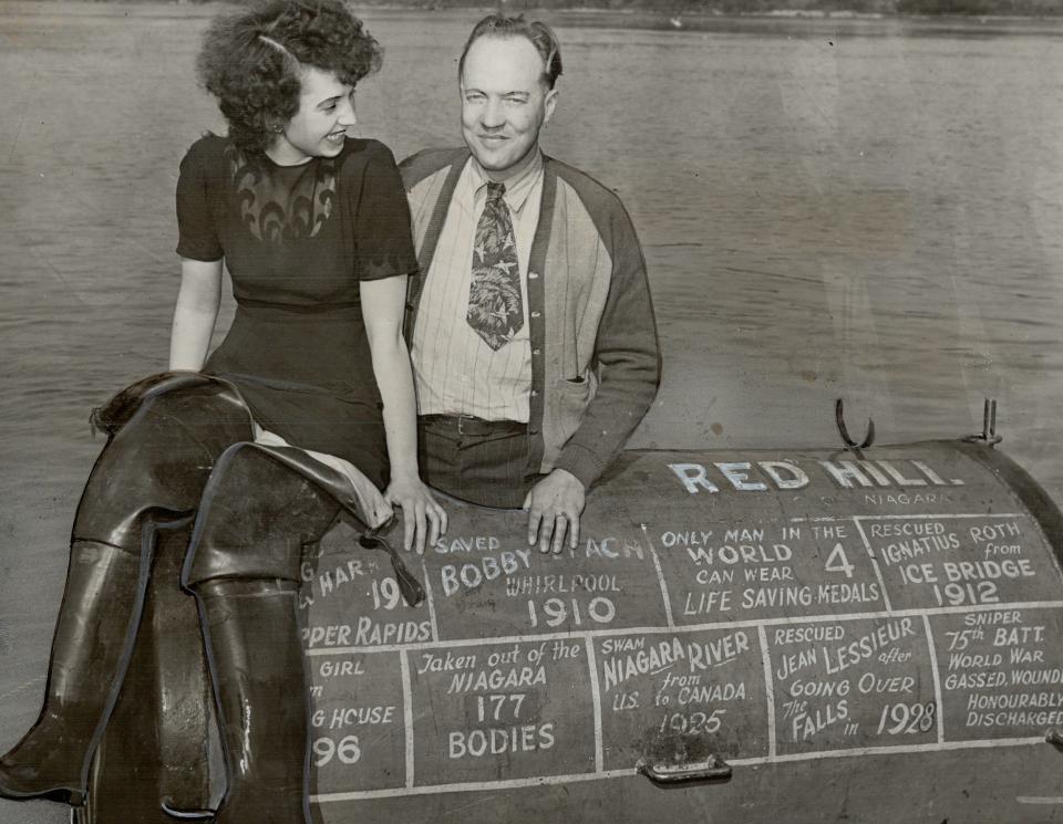 William Red Hill Jr. in a barrel he planned on using for one of his attempts to ride the falls in 1945.