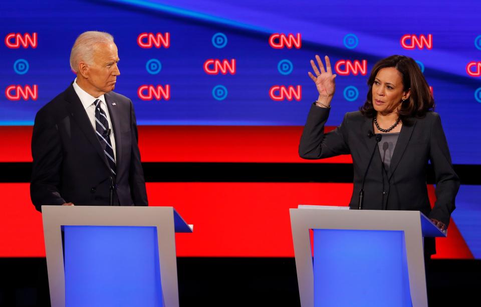 Sen. Kamala Harris, D-Calif., and former Vice President Joe Biden face off in Democratic debate July 31, 2019, in Detroit.