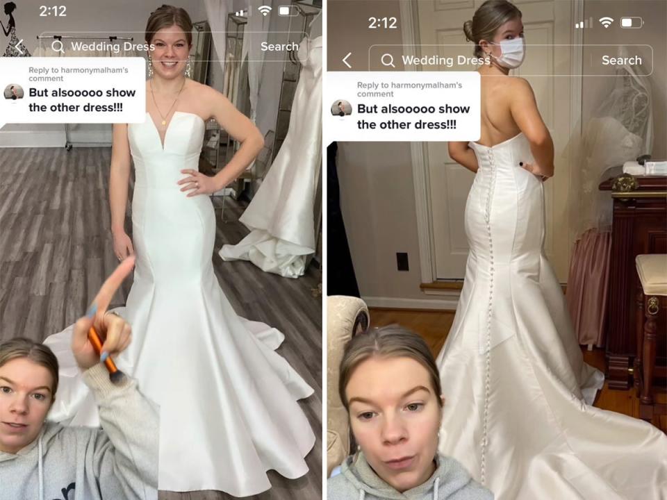A screenshot of a woman showing the front and back of her wedding dress in a TikTok.
