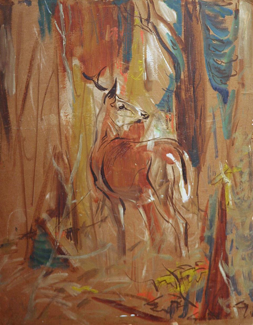 White-tailed Deer, 23" x 18”, oil on cardboard, 1960. This piece shows the melding of Bateman's experimentation with abstract art and wildlife.