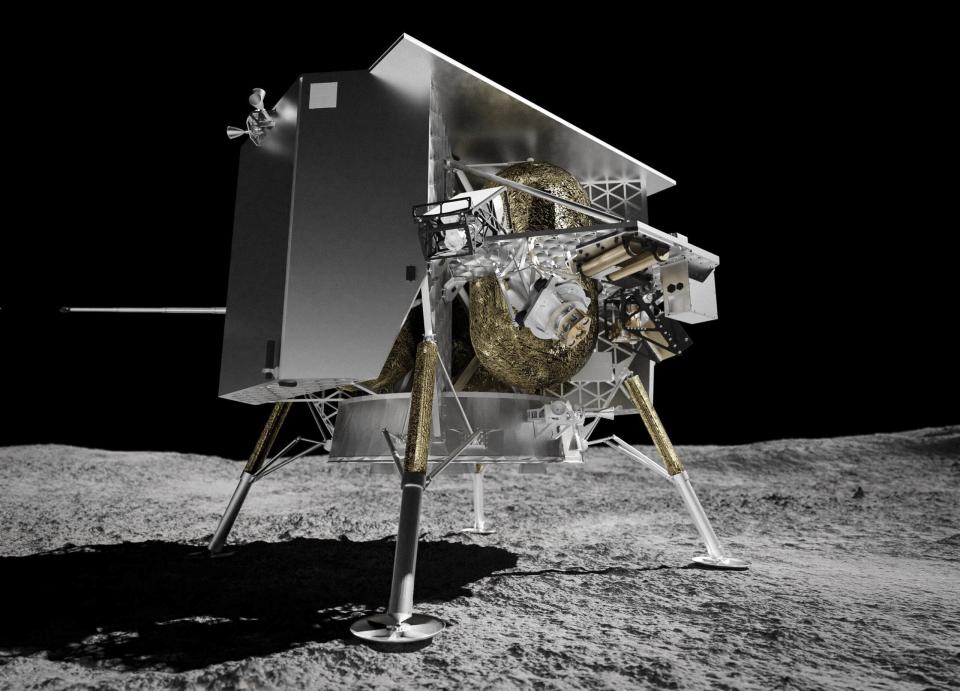 This illustration provided by Astrobotic Technology in 2024 depicts the Peregrine lunar lander on the surface of the moon. Its expected launch date is Monday, Jan. 8, 2024. (Astrobotic Technology via AP)