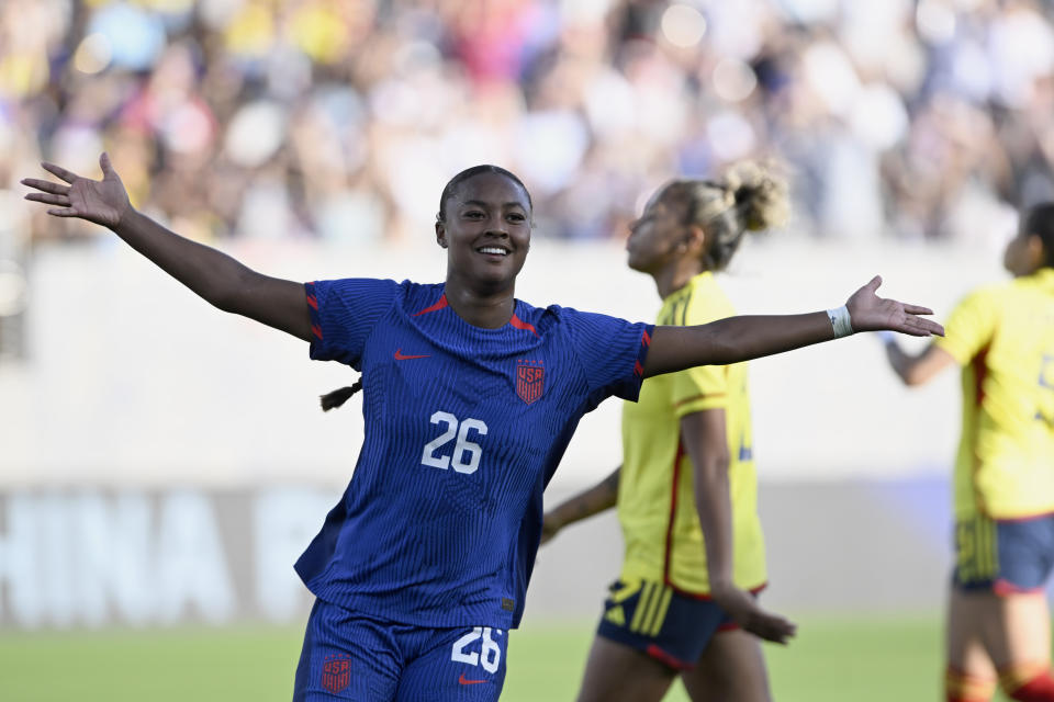 United States forward Jaedyn Shaw (26) celebrates after scoring against the Colombia during the second half of an international friendly soccer match Sunday, Oct. 29, 2023, in San Diego. (AP Photo/Alex Gallardo)