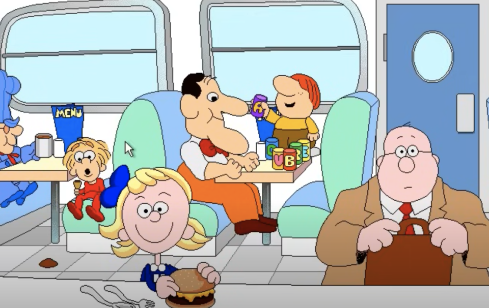 Animated characters from "Grammar Rock" are seated at the diner