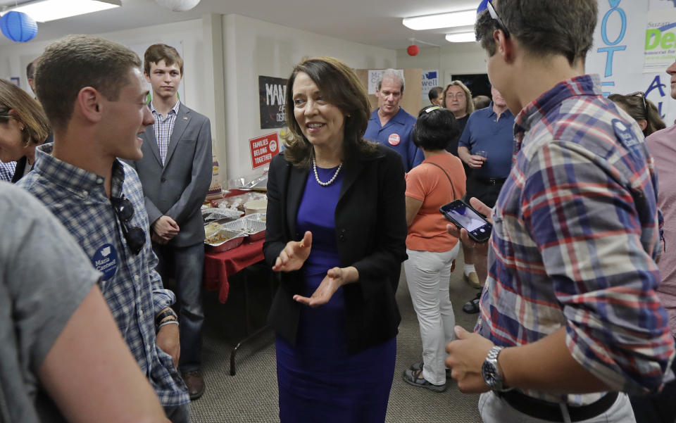 Sen. Maria Cantwell, D-Wash., applauds as she greets supporters, Tuesday, Aug. 7, 2018, following a speech at a gathering on the night of Washington state's primary election at a combined campaign headquarters for Democrats running for office in Redmond, Wash. (AP Photo/Ted S. Warren)