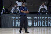 Indiana Pacers head coach Nate McMillan watches during the first half of an NBA basketball first round playoff game against the Miami Heat, Tuesday, Aug. 18, 2020, in Lake Buena Vista, Fla. (AP Photo/Ashley Landis, Pool)