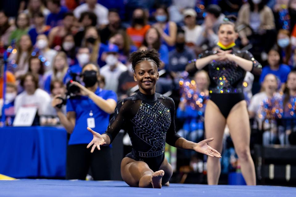 Florida Gators gymnast Trinity Thomas performs on the floor scoring her second perfect 10 during the meet against the Alabama Crimson Tide at Exactech Arena at the Stephen C. O'Connell Center in Gainesville, FL on Sunday, January 16, 2022. The Gators beat the Crimson Tide 197.000 to 196.925.