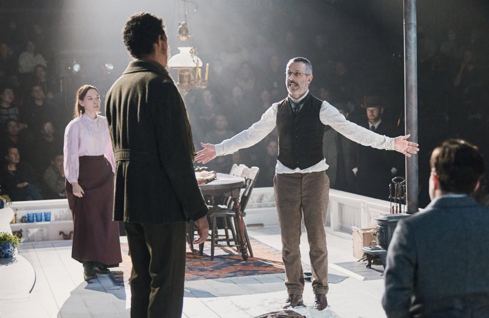 Victoria Pedretti, left, Caleb Eberhardt and Jeremy Strong lead a stunning ensemble in "An Enemy of the People."