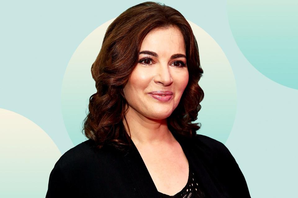 Nigella Lawson on a designed background