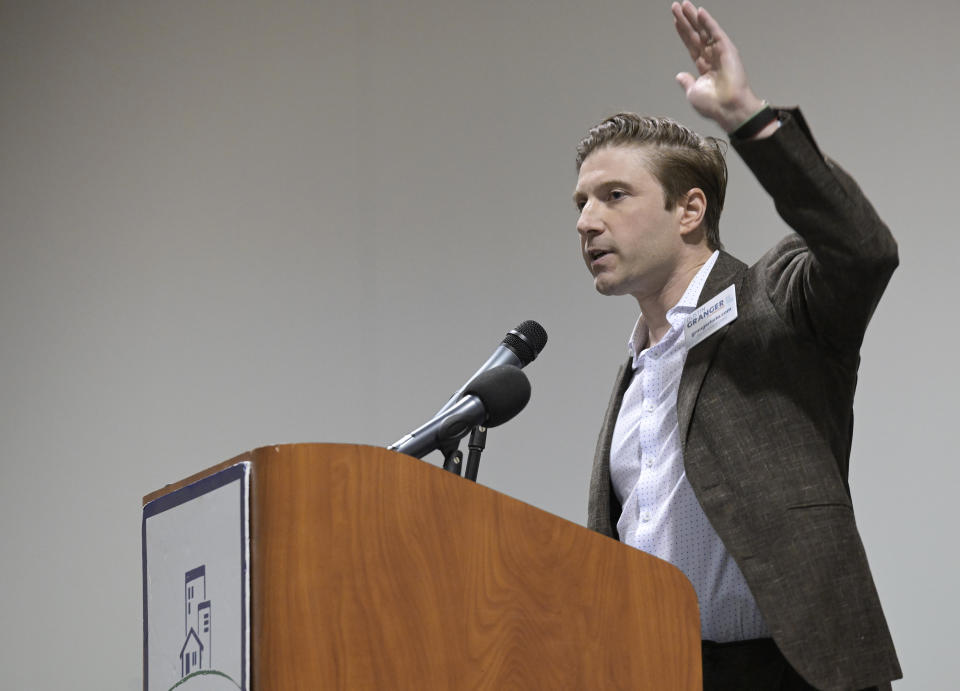 Dustin Granger, candidate for Louisiana Treasurer, speaks during the National Association of Realtor's Riding with the Brand tour stop in Shreveport, La., at the Shreveport Convention Center Tuesday, Sept. 19, 2023. Louisiana voters will cast their ballot, Saturday, Nov. 18 to determine a a slew of runoff races including for three vacant statewide offices: attorney general, secretary of state and treasurer. (Jill Pickett/The Advocate via AP)