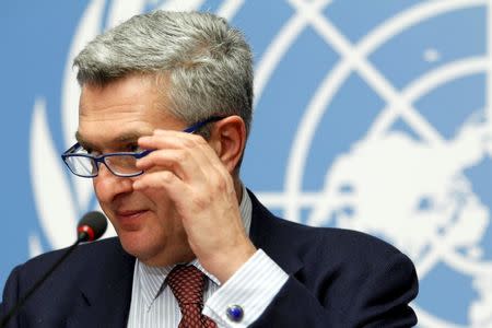 New U.N. High Commissioner for Refugees Filippo Grandi gives his first news conference at the United Nations European headquarters in Geneva, Switzerland, January 7, 2016. REUTERS/Pierre Albouy