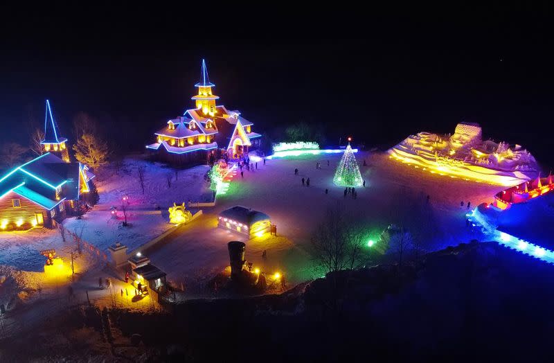 Aerial view of a Christmas theme park in China's northernmost city Mohe, Heilongjiang province
