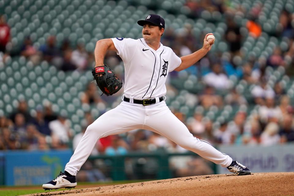 Tigers pitcher Tyler Alexander throws against the Guardians in the first inning on Tuesday, Aug. 9, 2022, at Comerica Park.