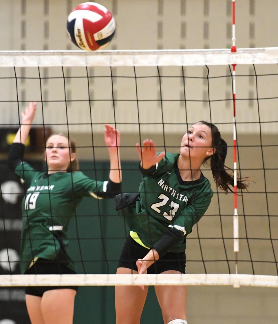 North Star's Brooke Cannin plays a winner against Berlin Brothersvalley during an Inter-County Conference volleyball contest, Sept.7, in Boswell.