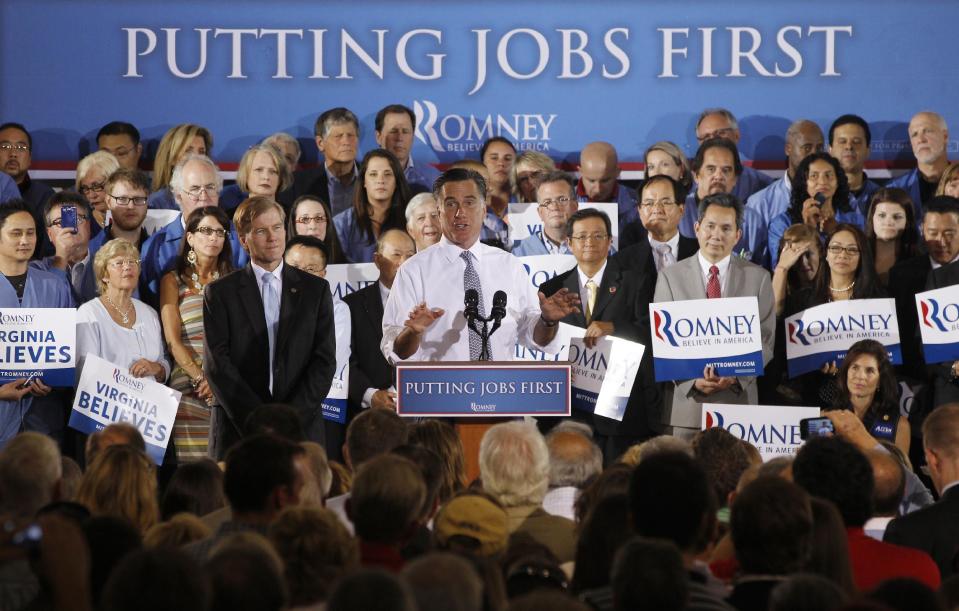 This photo taken June 27, 2012, shows Republican presidential candidate Mitt Romney campaigning with Virginia Gov. Bob McDonnell at Electronic Instrumentation and Technology in Sterling, Va. Before the election of President Barack Obama, Virginia, a two-party state in down-ballot races, had not sided with Democrats on the presidency since Lyndon Johnson in 1964. Jimmy Carter in 1976 was the last Democratic nominee to win North Carolina. Each state is in play again, with Romney needing to reclaim Florida and at least one of the others to reach the White House. (AP Photo/Charles Dharapak)