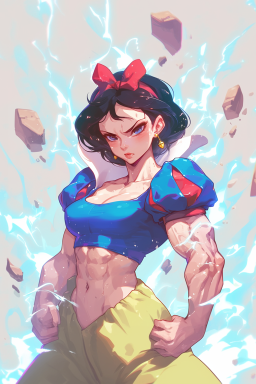 Illustration of a muscular version of Snow White with a red bow in her hair, in a dynamic pose with debris around her