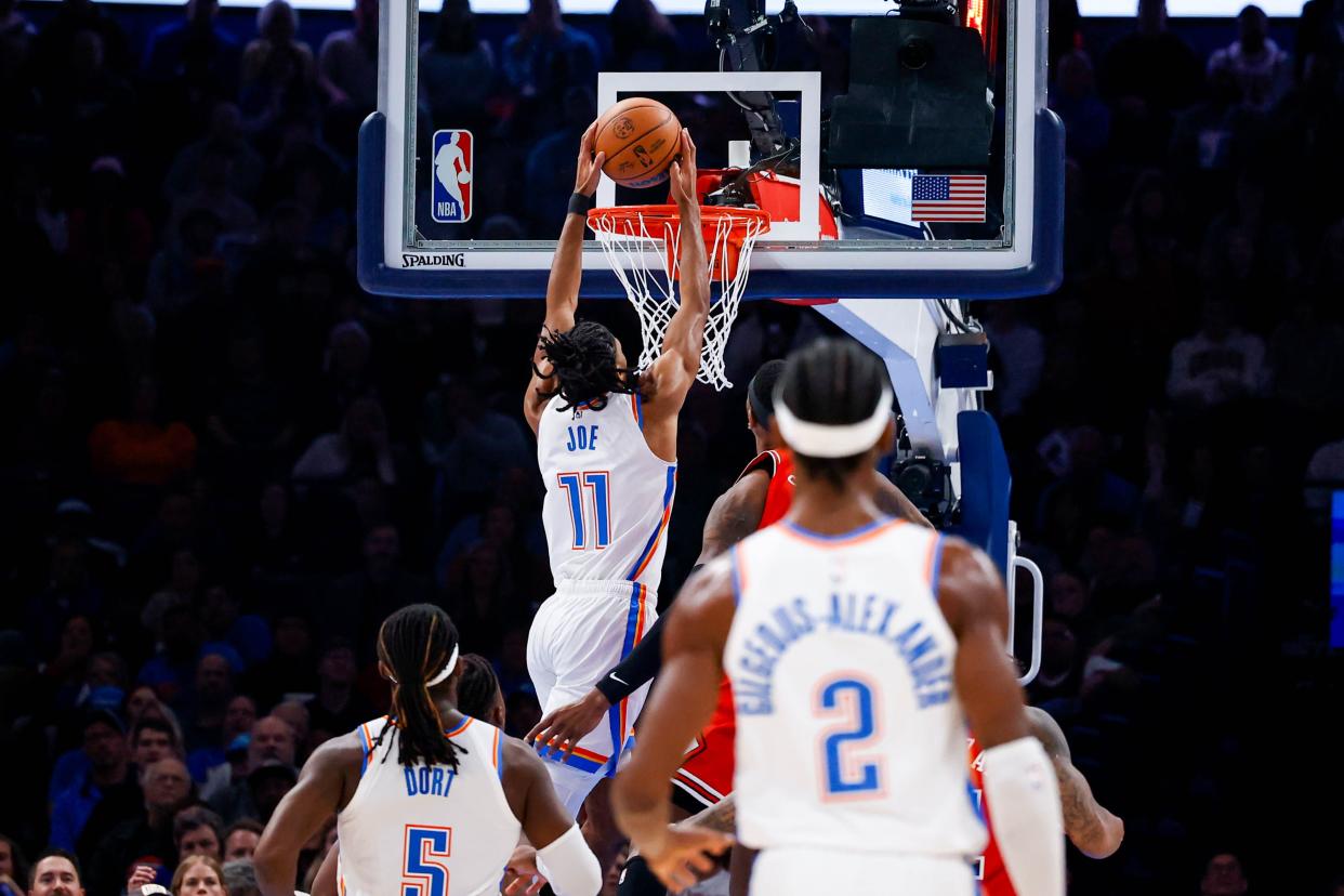 Oklahoma City guard Isaiah Joe (11) dunks the ball in the first quarter during an NBA game between the Oklahoma City Thunder and the Chicago Bulls at the Paycom Center in Oklahoma City, on Wednesday, Nov. 22, 2023.