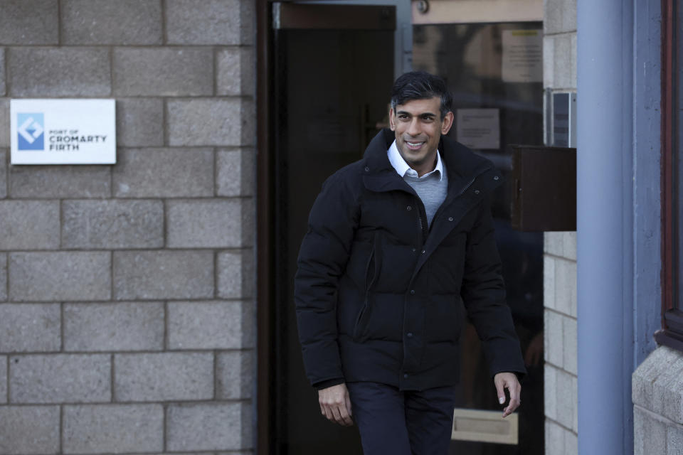 Britain's Prime Minister Rishi Sunak leaves after his visit to Port of Cromarty Firth at Invergordon, Scotland, Friday Jan. 13, 2023. (Russell Cheyne/Pool via AP)