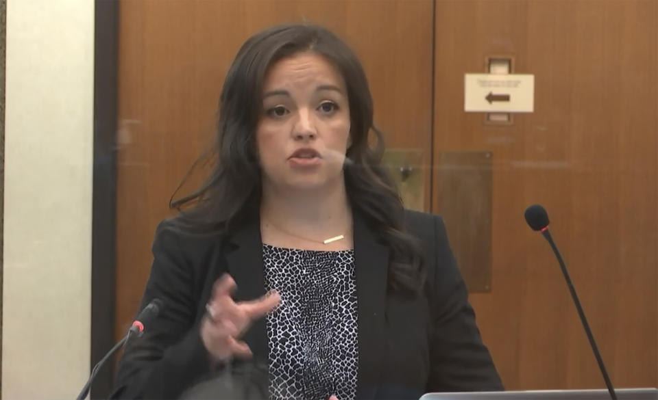 In this image from video, Adrienne Cousins, public defender for Morries Hall, speaks as Hennepin County Judge Peter Cahill hears motions before the court Tuesday, April 6, 2021, in the trial of former Minneapolis police Officer Derek Chauvin at the Hennepin County Courthouse in Minneapolis, Minn. Chauvin is charged in the May 25, 2020 death of George Floyd. (Court TV via AP, Pool)