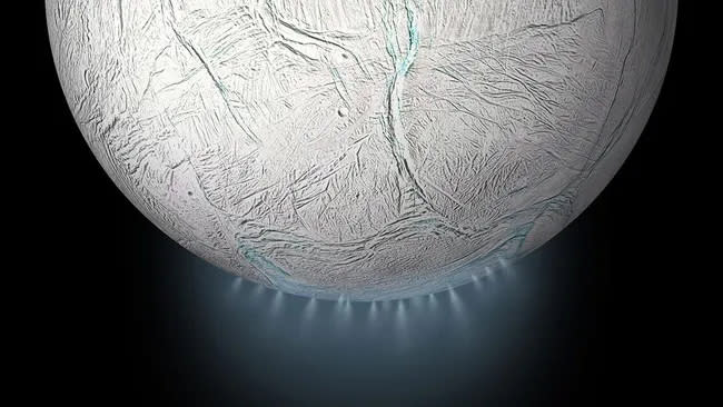  An illustration shows icy plumes blasting out from Saturn’s moon Enceladus. 