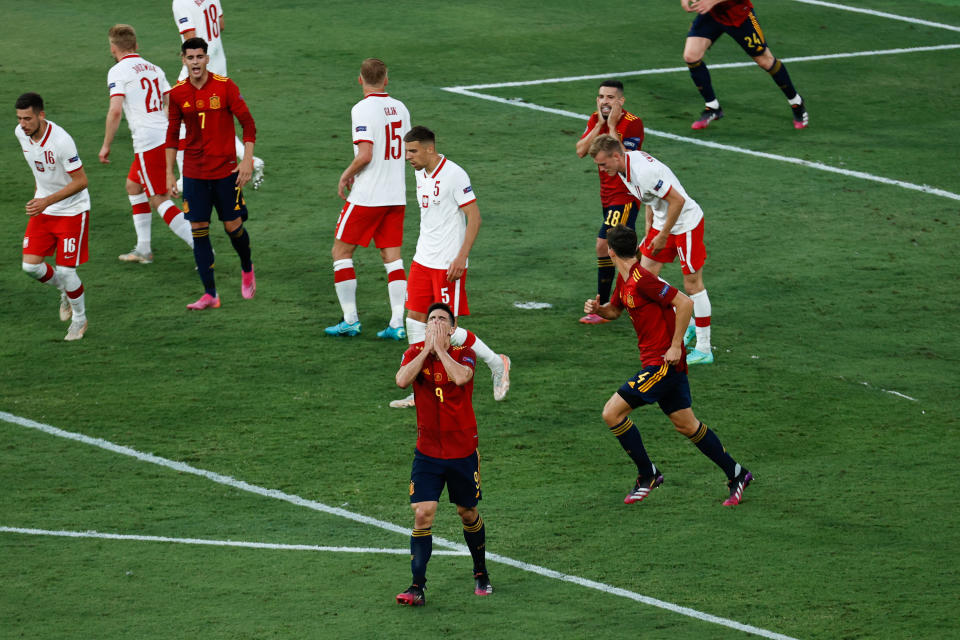 SEVILLE, SPAIN - JUNE 19: Gerard Moreno of Spain laments during the UEFA EURO 2020 Group E football match between Spain and Poland at La Cartuja stadium on June 19, 2021 in Seville, Spain. (Photo by Joaquin Arcos/Anadolu Agency via Getty Images)