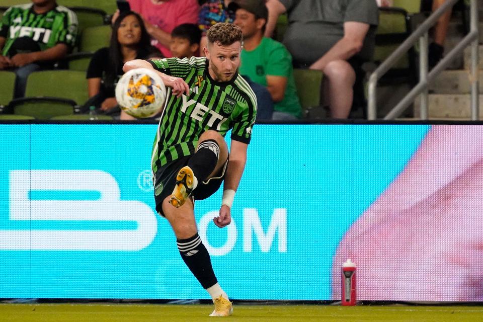 Austin FC forward Jon Gallagher kicks the ball away during Sunday's draw with the Los Angeles Galaxy. That 3-3 tie was a costly one, as it left El Tree in 12th place in the Western Conference playoff race, in which only the top nine teams qualify.