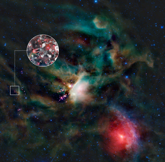 This image shows the Rho Ophiuchi star-forming region in infrared light, as seen by NASA’s Wide-field Infrared Explorer (WISE). IRAS 16293-2422 is the red object in the center of the small square. The inset image is an artist’s impression of gl