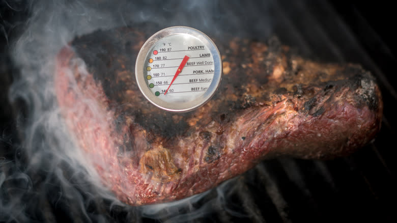 Meat thermometer in steak