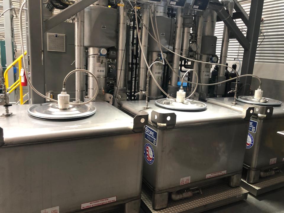 These tanks hold wastewater, which is recycled to make more fuel, as well as ethanol and methanol, which are used in consumer products like vodka and perfume.