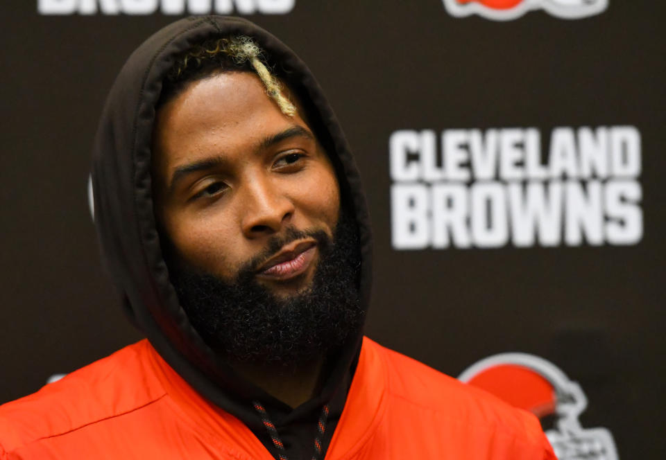 BEREA, OH - JUNE 5, 2019: Wide receiver Odell Beckham Jr.#13 of the Cleveland Browns speaks during a press conference after a mandatory mini camp practice on June 5, 2019 at the Cleveland Browns training facility in Berea, Ohio. (Photo by: 2019 Nick Cammett/Diamond Images/Getty Images)  