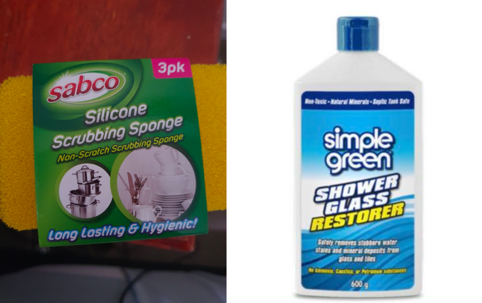 A Sabco silicone scrubbing sponge in green packaging next to a bottle of simple green shower cleaner