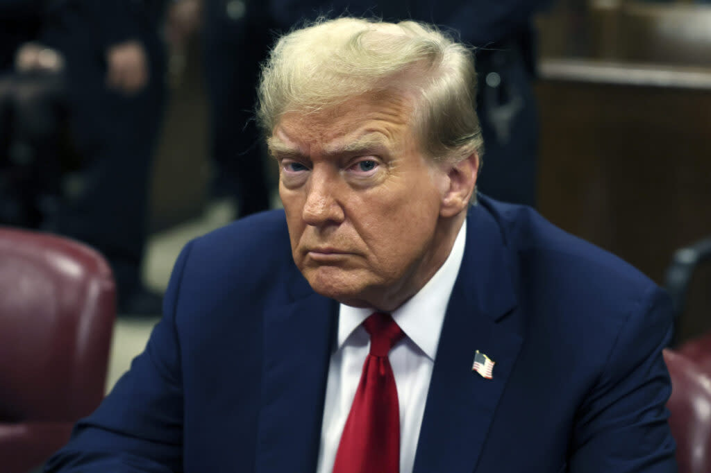 Former President Donald Trump appears in court for his trial for allegedly covering up hush money payments on April 23, 2024, at Manhattan Criminal Court in New York City.