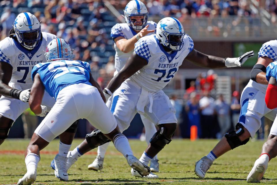 Oct 1, 2022; Oxford, Mississippi, USA; Kentucky Wildcats offensive linemen Tashawn Manning (79) protects Kentucky Wildcats quarterback Will Levis (7) during the first half against the Mississippi Rebels at Vaught-Hemingway Stadium. Mandatory Credit: Petre Thomas-USA TODAY Sports